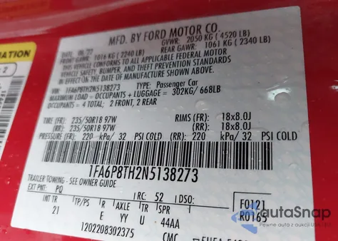 2022 Ford Mustang Ecoboost Fastback z USA, uszkodzony, nr VIN 1FA6P8TH2N5138273